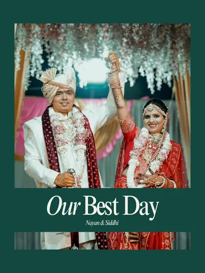 A celebratory photo of the couple on their wedding day, with the bride raising her hand in triumph. The "Our Best Day" text perfectly captures the sentiment.