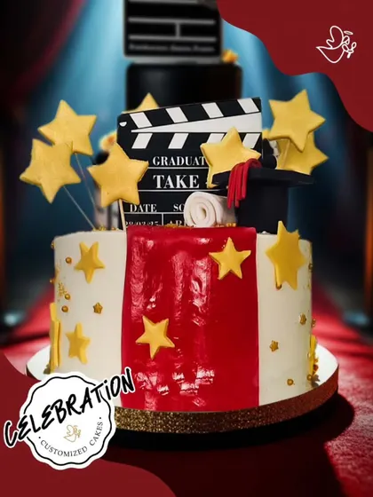 Lights, camera, graduation! This movie-themed cake was for Nikhil from Kalkaji, celebrating his big achievement. The red carpet design and graduation cap topper make it a star-worthy cake.