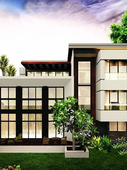 A design concept for a contemporary villa, emphasizing a strong connection between indoor and outdoor spaces. The double-height glass facade opens up the living area to the lush garden, creating a sanctuary of modern living.