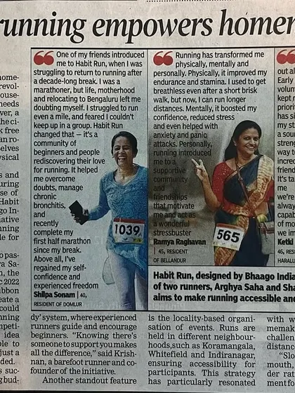 A newspaper article about Habit Run, an initiative I co-founded to make running accessible and fun for beginners, especially homemakers. It started with a chat over chai and a shared passion.