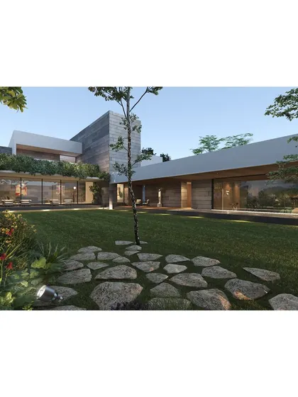 The Coimbatore house proposal emphasizes low-slung, expansive forms that connect with the earth. The stepping stones lead the eye through the garden and towards the home's entrance.