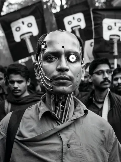 A concept for 'MekaMantri', a politician reborn as a cyborg. This black and white image shows him at a political rally, a man caught between human and machine.