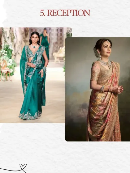 The reception is a time for sophisticated glamour. I often choose rich jewel-toned sarees or elegant, floor-length gowns for mothers, ensuring a polished and memorable final look for the wedding celebrations.