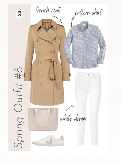 Spring Outfit Idea 2: A timeless trench coat is a spring essential. I've paired it here with a patterned shirt and white denim for a fresh, classic look that's perfect for city strolls.