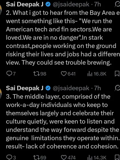 Continuing my analysis of the Indian American community. I contrast the misplaced confidence of the elites with the concerns of those on the ground, highlighting a lack of cohesion within the community.