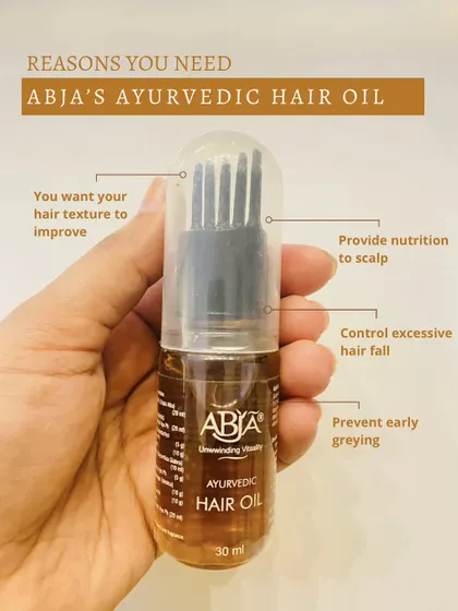 This graphic highlights the reasons you need my Ayurvedic Hair Oil, from improving texture to controlling hair fall.
