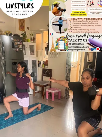Two clients perform dumbbell exercises in a lunge position. This image, with our flyer, showcases our dynamic and effective strength training programs available online and offline.