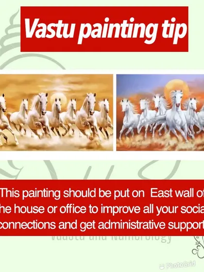 A painting of seven running horses with a sunrise background should be placed on the East wall of your home or office. This direction is for social connections, and this painting helps improve your network and get administrative support.