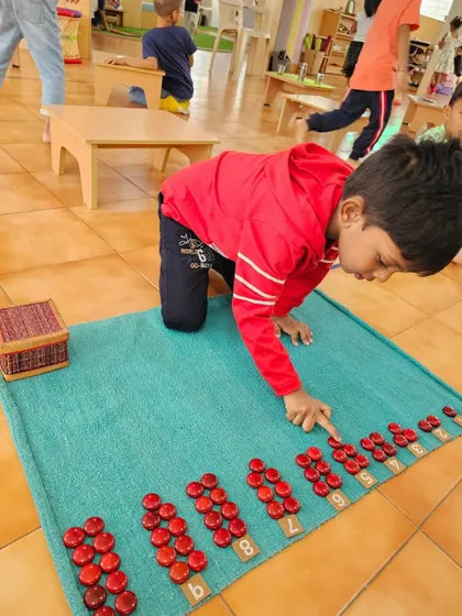 A child arranges number counters, learning the relationship between quantity and symbol. This one-to-one correspondence is a fundamental concept in early mathematics education.