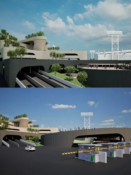 Views of the vehicle entry and exit points, designed to separate pedestrian and car traffic.