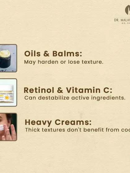 Not all skincare belongs in the fridge. This graphic shows which products should be kept at room temperature, as cooling can destabilize active ingredients like Retinol and Vitamin C or harden oils and balms.