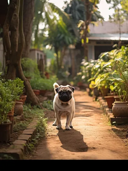 This little pug is the king of his castle, patrolling our garden path. Our enclosed outdoor space allows dogs to explore safely off-leash.