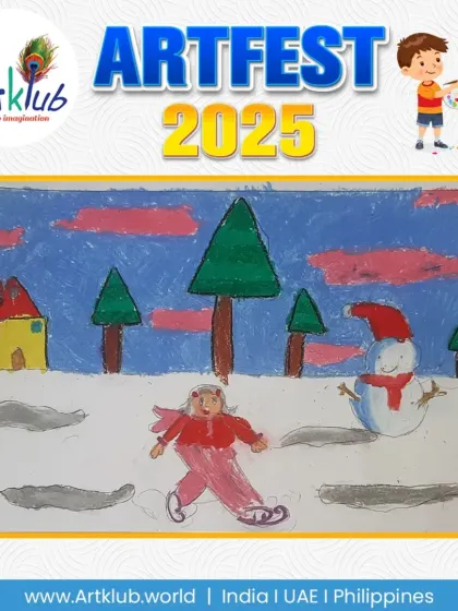 A junior artist's drawing of a winter scene with a person skating and a snowman. The use of cool colours effectively creates a chilly atmosphere.
