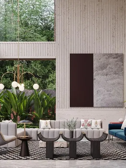 This render for an upcoming project shows a double-height living space that opens onto a lush garden. The design uses textured walls, a geometric rug, and a mix of furniture styles to create a space that is both grand and inviting.
