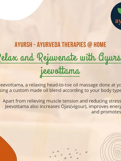 Try our signature stress relief therapy, Jeevottama. This is a relaxing head-to-toe oil massage using a custom oil blend based on your body type to relieve muscle tension, reduce stress, and improve overall vitality and energy levels.