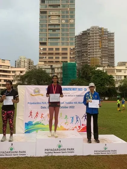 The podium for the girls' 800m run at the zonal meet, with my athletes Eekisha and Prisha winning gold and silver.