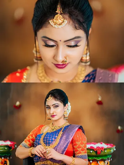 A collage from a model shoot, featuring a close-up on the eye makeup and a composed portrait.