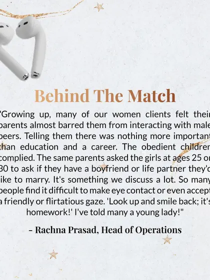 Our Head of Operations, Rachna Prasad, shares a common challenge. Many clients were taught to prioritize career over relationships, and now find it hard to even make eye contact. Sometimes, the homework is as simple as 'look up and smile'.