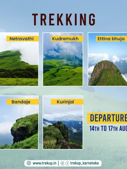A list of the mountain treks available for the long weekend, including Netravathi, Kudremukh, Ettina Bhuja, Bandaje, and Kurinjal.
