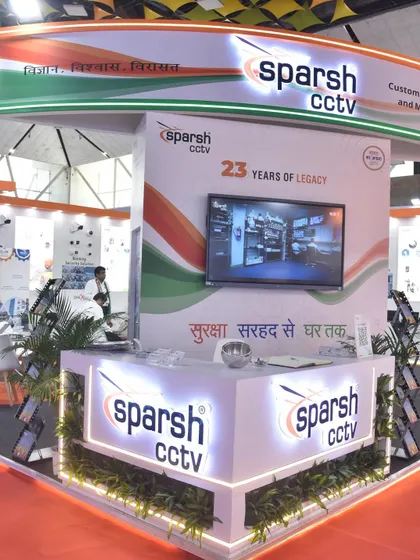 My booth at FSIE 2025, featuring our tagline 'Suraksha Sarhad Se Ghar Tak'. This space was designed to reflect our 23 years of legacy and our commitment to Indian innovation.