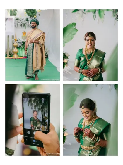 A collage showing the bride and groom's individual portraits and a fun behind-the-scenes shot.