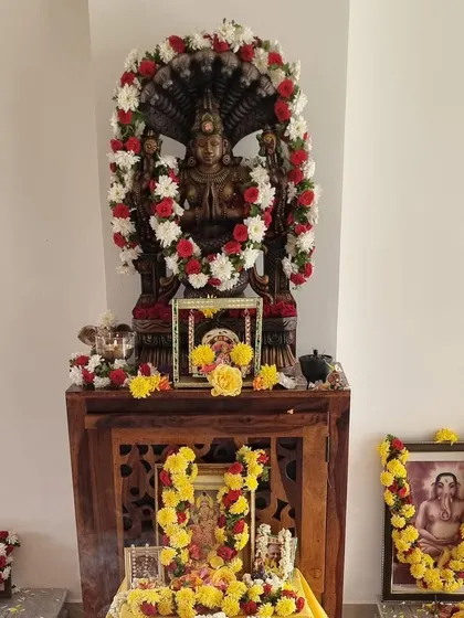 The altar decorated beautifully for our anniversary Puja. The flowers, incense, and offerings are an expression of our gratitude for the blessings of the past year and our hopes for the year ahead.