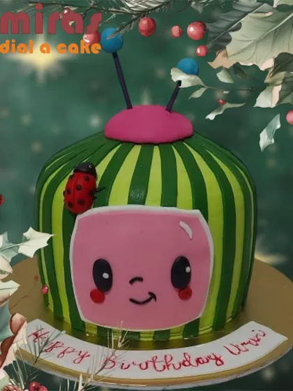 A sculpted Cocomelon cake that looks just like the iconic watermelon TV. This creative design is instantly recognizable and a guaranteed hit for a toddler's birthday party.