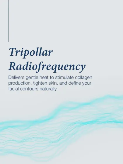 The final component is Tripollar Radiofrequency. This technology delivers gentle heat to stimulate the production of new collagen, which helps tighten the skin and define facial contours naturally over time.