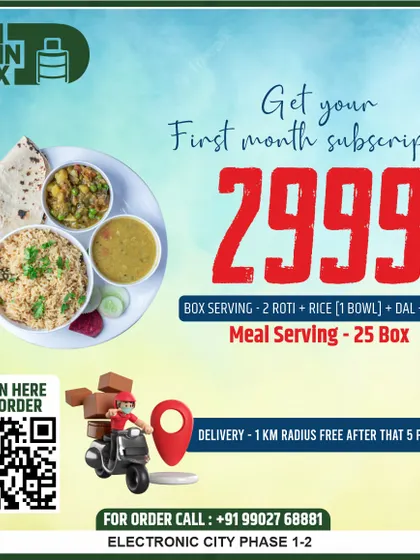 For my customers in Electronic City, I have this special introductory subscription offer. You can scan the QR code to easily place your order and get started with a full month of homemade meals delivered to your doorstep.