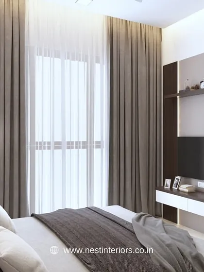 A 3D design for a master bedroom, featuring a sleek TV unit and a wardrobe with a modern geometric pattern. The neutral color scheme creates a calming atmosphere.