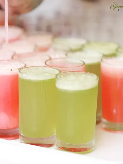 Our welcome drinks are as vibrant as a rainbow. We serve shots of fresh watermelon and muskmelon juice to greet guests as they arrive, offering a refreshing and colorful start to the event.