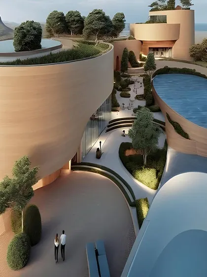 An aerial view of the courtyard and pools, showing the integration of architecture and landscape.
