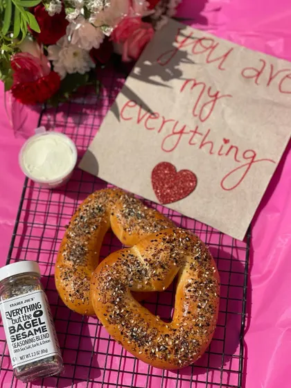 For Valentine's Day, I shaped my everything bagels into a heart pretzel. It's a fun and delicious way to say "you're my everything."