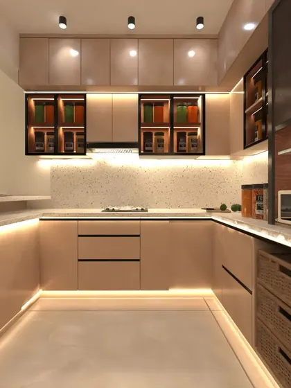This U-shaped modular kitchen is designed for maximum efficiency. It features handleless drawers, open-shelf storage with backlighting, and pull-out wicker baskets for vegetables.