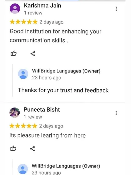 Simple, positive feedback like "good institution for enhancing your communication skills" and "its pleasure learing from here" is incredibly motivating. It reinforces that we are on the right track to helping students achieve their goals.