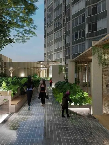 For the SkyCity project in Mangaluru, materials with sand textures and finishes are used to bring the essence of the beach to the residents' doorstep. This podium-level landscape ensures a serene, beach-living ambiance.