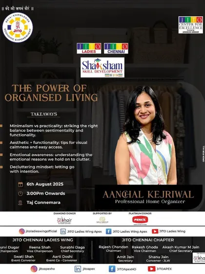 This was the official announcement for my speaking session, "The Power of Organised Living," at the JITO Chennai event. I covered topics like minimalism versus sentimentality and understanding the emotional reasons we hold onto clutter.
