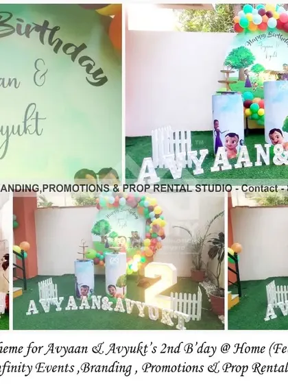 We brought the mighty little Bheem to this 2nd birthday party at home. The setup includes a circular backdrop with a balloon garland, themed cylinder props with photos of the birthday boys, and a light-up number "2."
