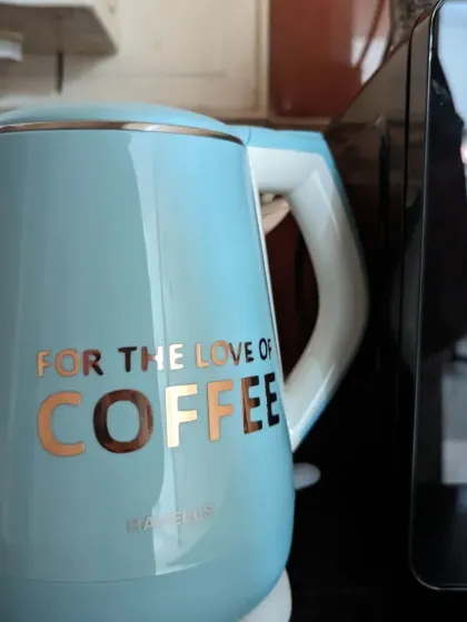Coffee is essential for making! A close up of our quirky kettle, a staple at the lab.