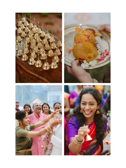 A collage of vibrant details from a South Indian wedding. It includes decorative bells, turmeric-covered coconuts, and the joyful expressions of guests, capturing the festive atmosphere.