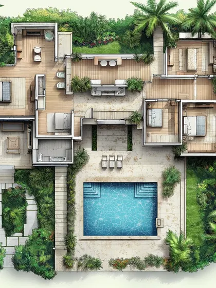 This illustrated floor plan brings a design to life, showing how each space connects. Here, the bedrooms are designed as private retreats, while the open-plan living area and pool serve as the social heart of the home.