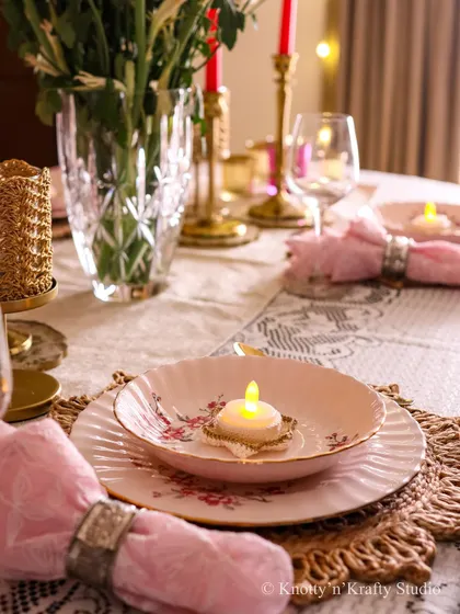 Another view of the Diwali table, where the little crochet candle holders create a warm and inviting glow.