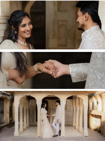 A collection of candid and posed moments from Ayush and Akshitha's pre-wedding shoot. The smiles and shared glances captured in these historic archways tell a story of effortless love.