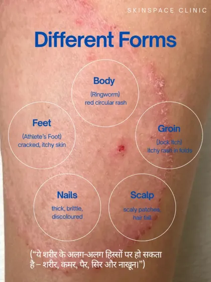 Fungal infections can appear in many different forms all over the body, from ringworm on the body to Athlete's Foot, Jock Itch, and even on the scalp and nails. Each requires specific care.