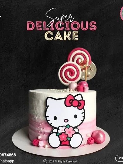 A super delicious Hello Kitty cake that's perfect for fans. This design features a pink ombre effect, a cute Hello Kitty figure, and fun lollipop decorations for a sweet and playful look.