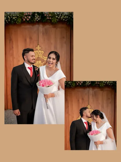 A collage of the happy couple outside the church doors after their wedding, one shot capturing a laugh and the other a sweet kiss.