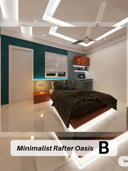 This minimalist bedroom design uses a teal accent wall and fluted panels to create a serene oasis. The floating bed with under-lighting adds a modern touch, while the integrated study unit provides a compact and functional workspace.