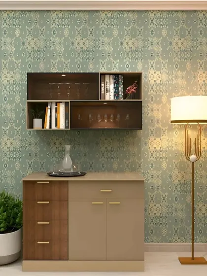 A compact and stylish dining storage solution. This unit includes a two-toned base cabinet and a matching wall-mounted shelf for displaying glassware or decorative items.
