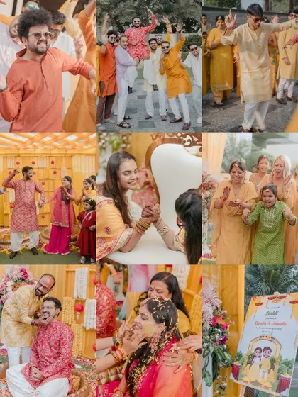 A grid of candid moments from a lively haldi. It shows everything from dancing and arm wrestling to the messy, joyful application of turmeric, telling the complete story of the celebration.