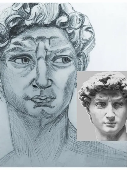 Here you can see my final sketch of David next to the reference image. My portrait study classes focus on learning to see and replicate proportions, light, and shadow accurately to create a faithful representation.